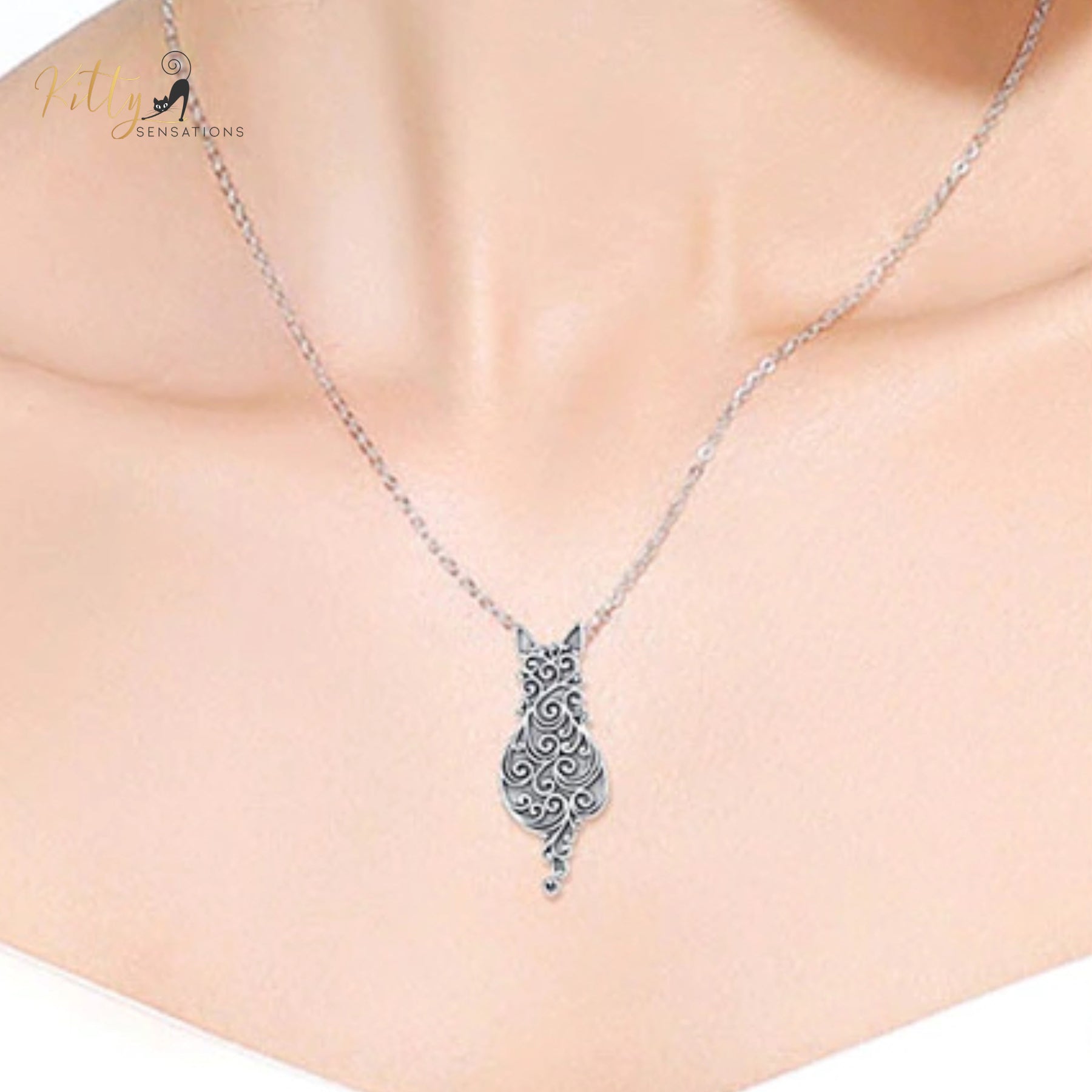 http://KittySensations.com Filigree Cat Over Solid 925 Sterling Silver Cat Necklace ($103.84): https://kittysensations.com/products/filigree-cat-over-solid-925-sterling-silver-cat-necklace