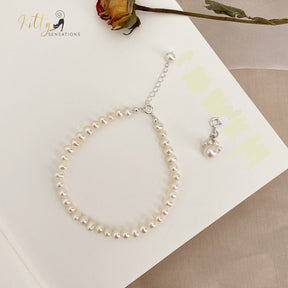 Natural Freshwater Pearls Bracelet with Detachable Kitty Paw Charm - Solid 925 Sterling Silver (Adjustable Length)