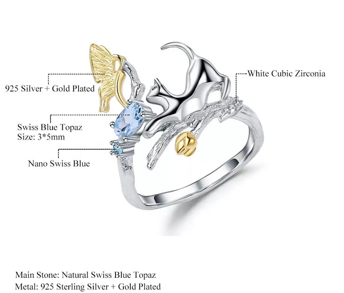 Natural Gemstone Fine Jewelry Cat Set in Solid 925 Sterling Silver and 18K Gold Plating