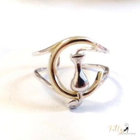 Gold and Silver Moon Kitty Double-Band Ring in Solid 925 Sterling Silver (18K Gold Plated) - Adjustable Size