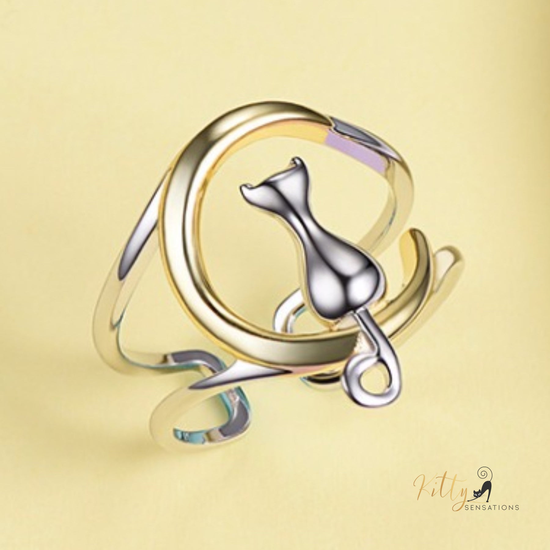 Gold and Silver Moon Kitty Double-Band Ring in Solid 925 Sterling Silver (18K Gold Plated) - Adjustable Size