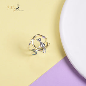 Gold and Silver Moon Kitty Double-Band Ring in Solid 925 Sterling Silver (18K Gold Plated) - Adjustable Size