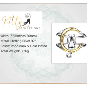 Gold and Silver Moon Kitty Double-Band Ring in Solid 925 Sterling Silver (18K Gold Plated) - Adjustable Size