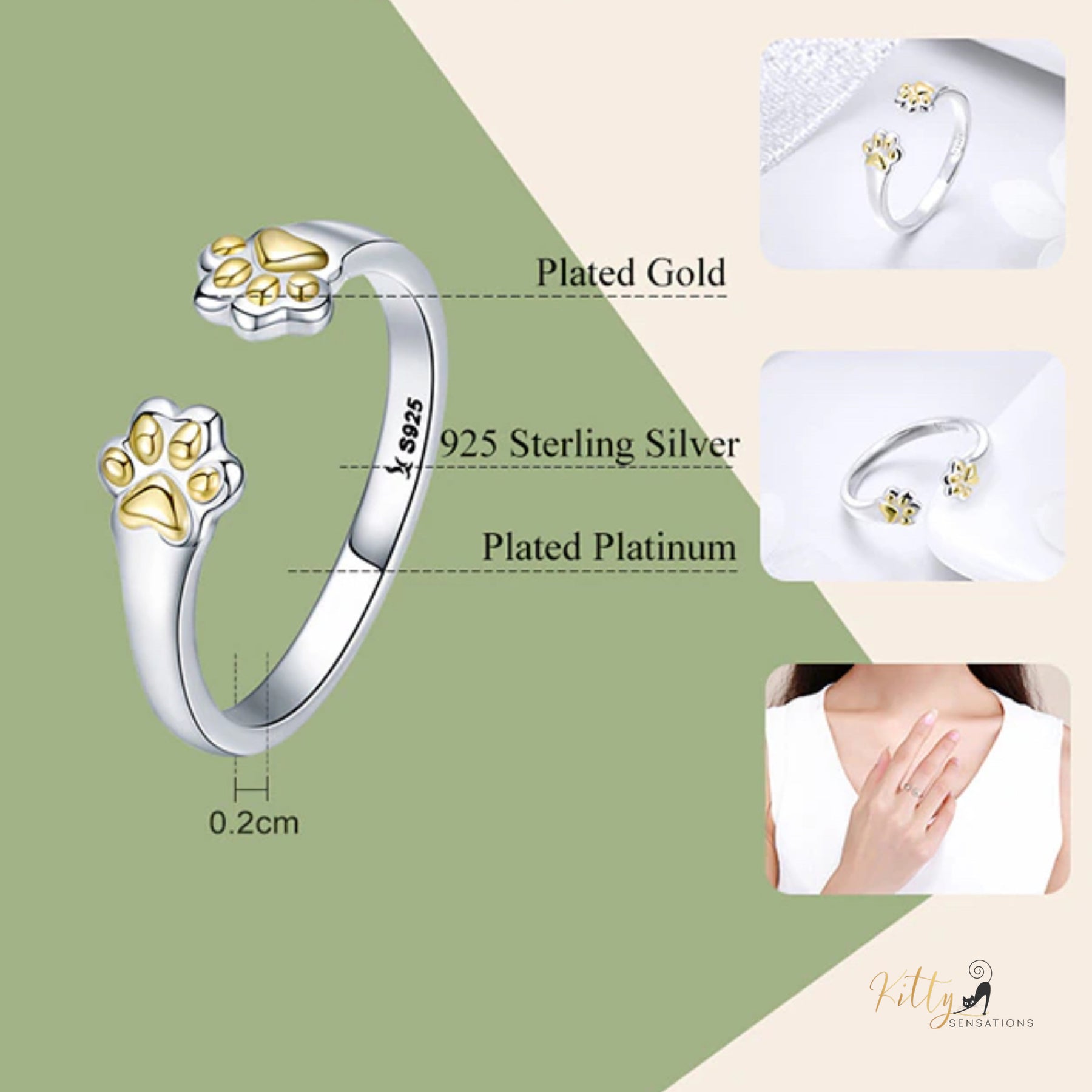 Golden Paws Cat Ring in Solid 925 Sterling Silver (Platinum and Gold Plated) - Adjustable Size