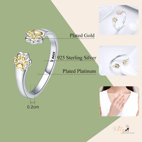 Golden Paws Cat Ring in Solid 925 Sterling Silver (Platinum and Gold Plated) - Adjustable Size