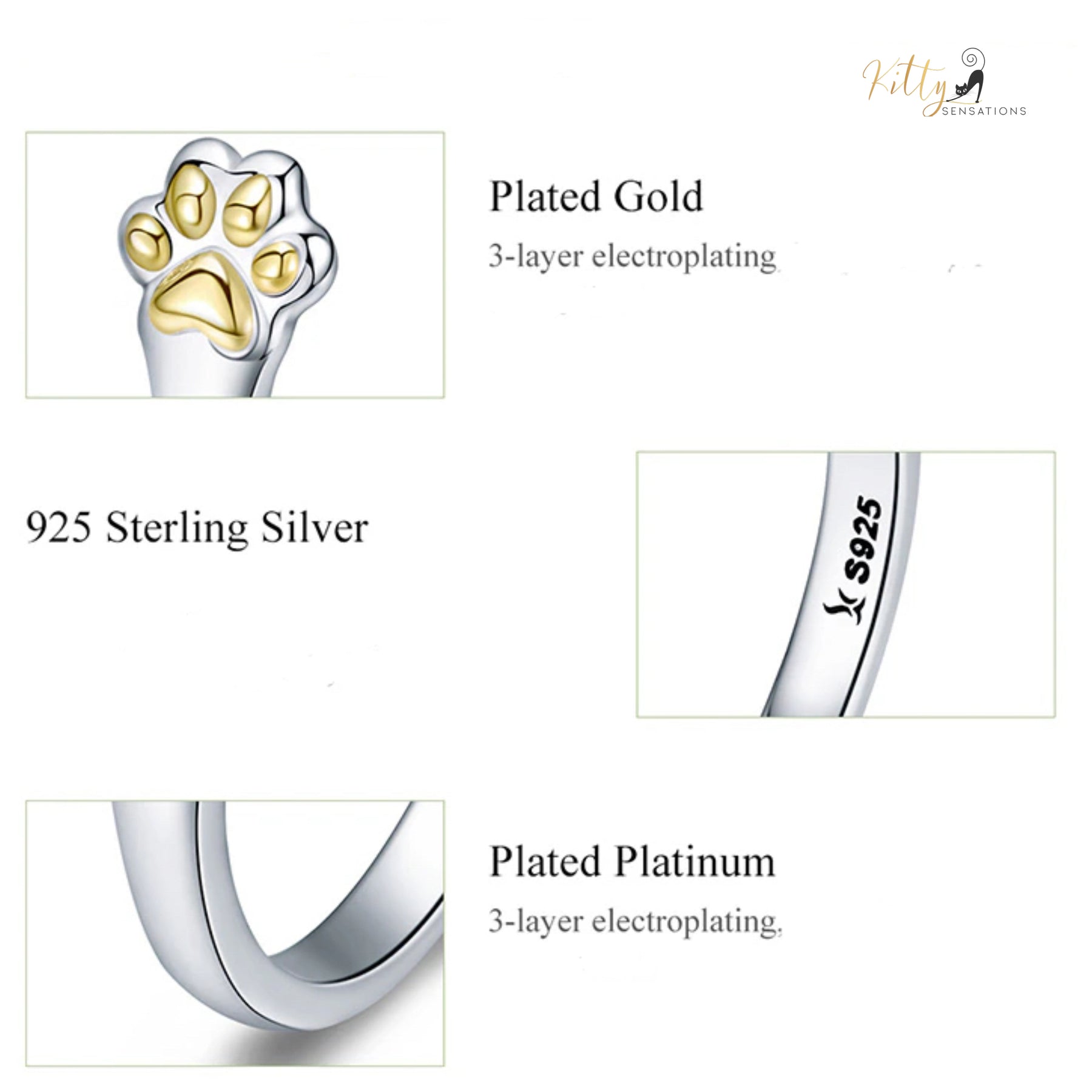 Golden Paws Cat Ring in Solid 925 Sterling Silver (Platinum and Gold Plated) - Adjustable Size