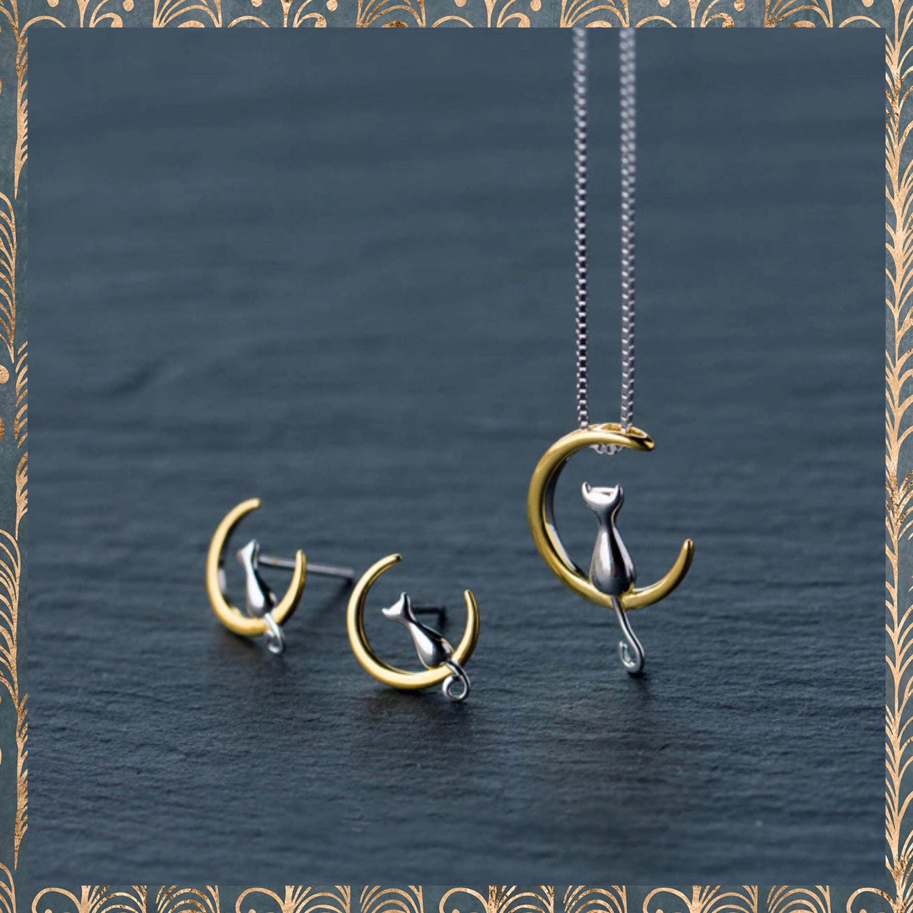 Gold and Silver Moon Kitty Set in Solid 925 Sterling Silver (smaller set)