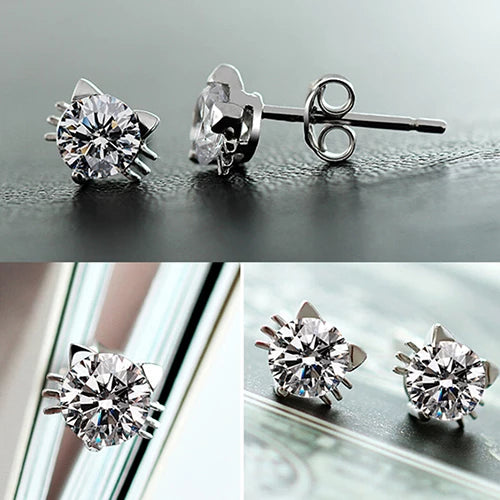Cubic Zirconia Cat Earrings - Stud or Dangling - Your Choice! (Solid 925 Sterling Silver)