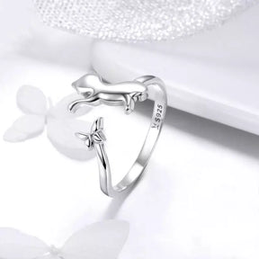 Cat-Playing-with-Butterfly Ring in Solid 925 Sterling Silver
