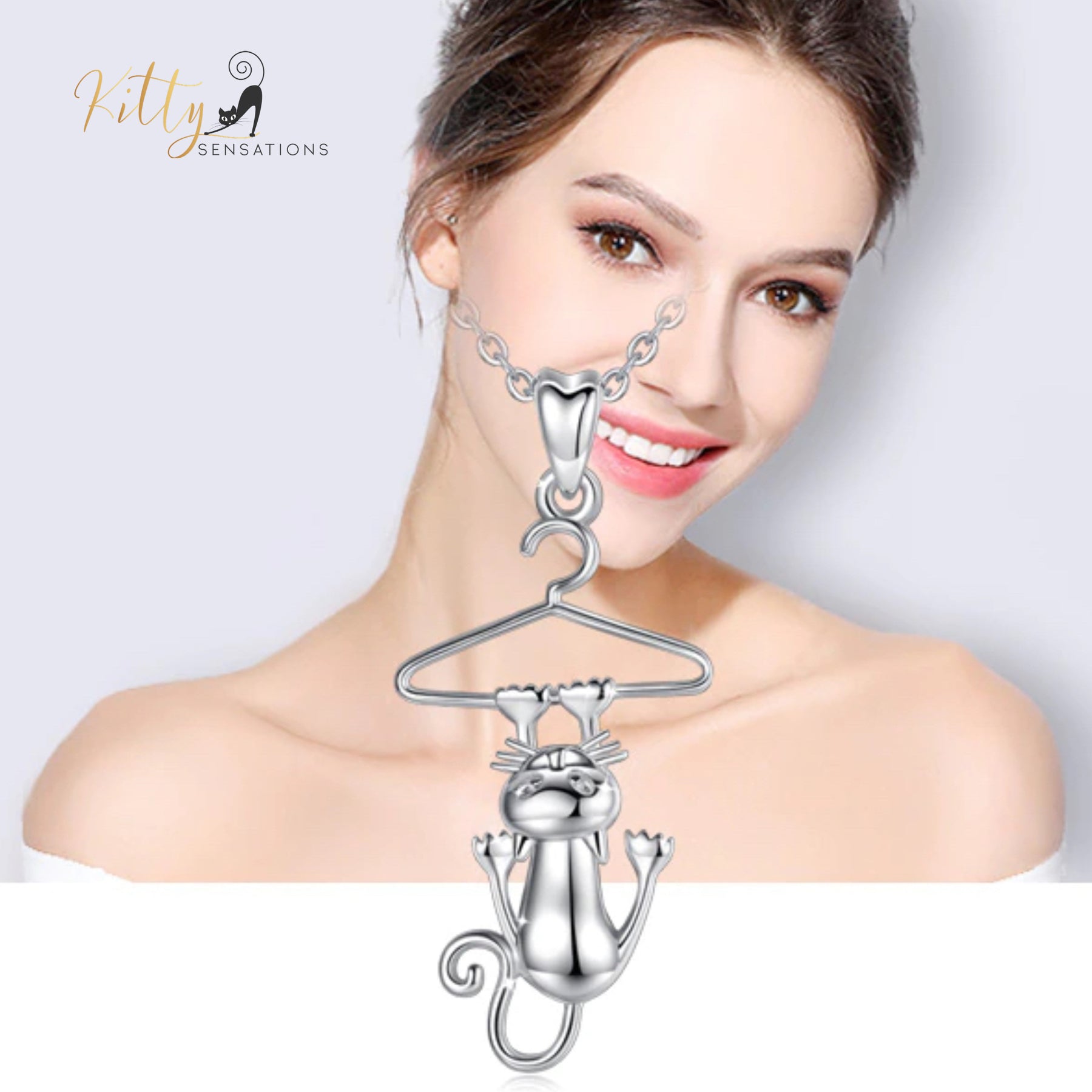 http://KittySensations.com Hang-In-There Cat Necklace in Solid 925 Sterling Silver - 18K Rhodium Plated ($75.97): https://kittysensations.com/products/hang-in-there-cat-necklace-in-solid-925-sterling-silver-18k-rhodium-plated