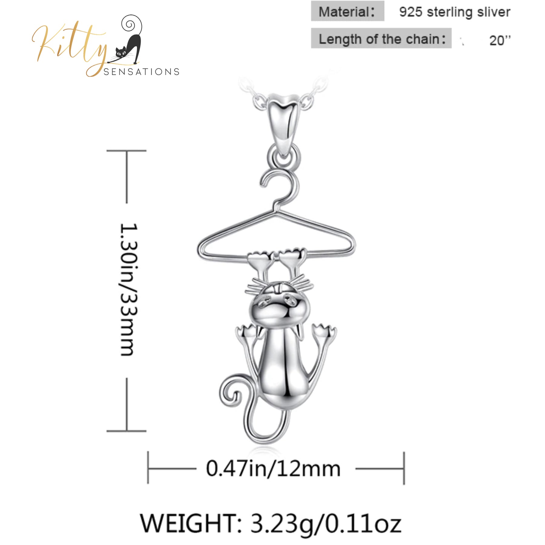 http://KittySensations.com Hang-In-There Cat Necklace in Solid 925 Sterling Silver - 18K Rhodium Plated ($75.97): https://kittysensations.com/products/hang-in-there-cat-necklace-in-solid-925-sterling-silver-18k-rhodium-plated