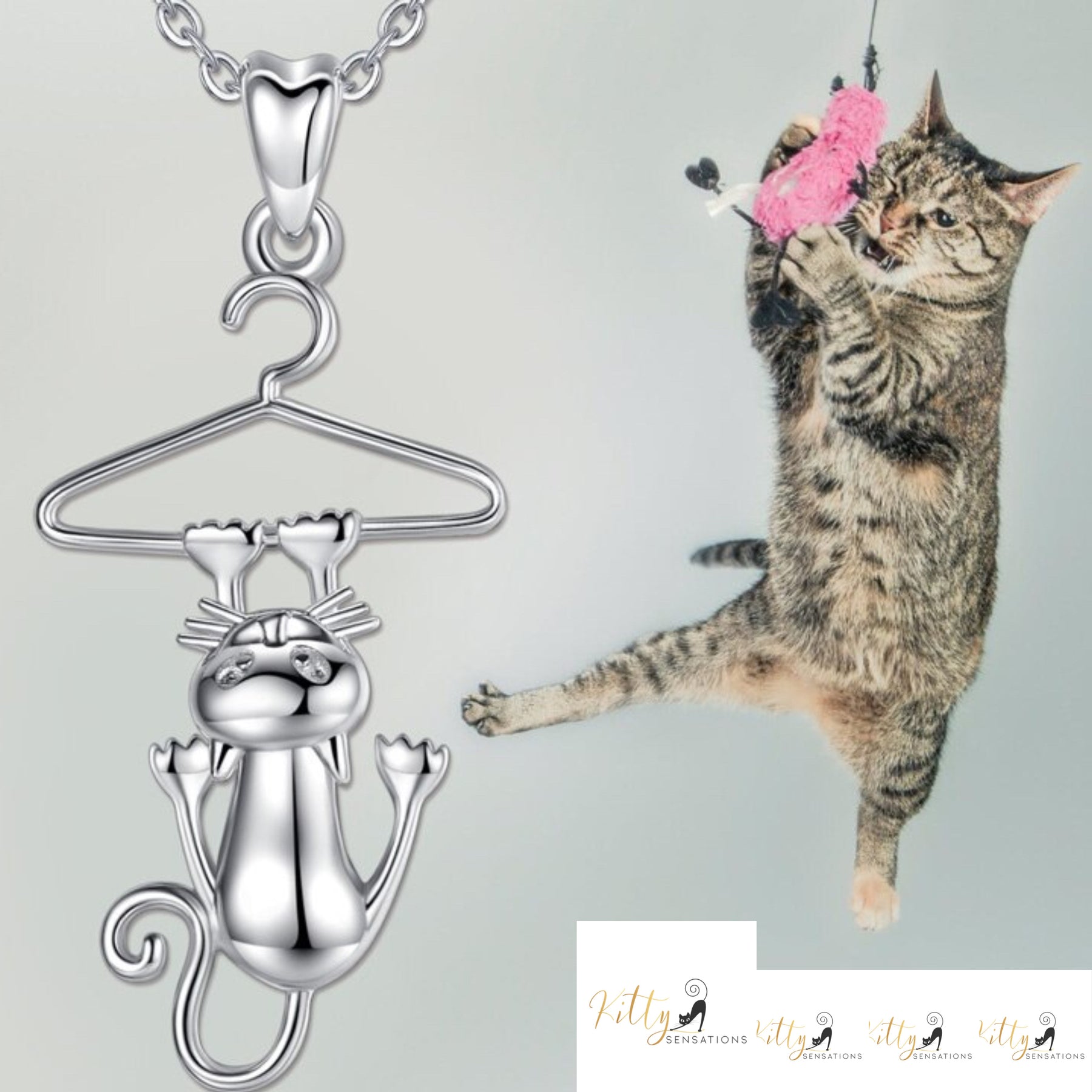 http://KittySensations.com Hang-In-There Cat Necklace in Solid 925 Sterling Silver - 18K Rhodium Plated ($75.97): https://kittysensations.com/products/hang-in-there-cat-necklace-in-solid-925-sterling-silver-18k-rhodium-plated