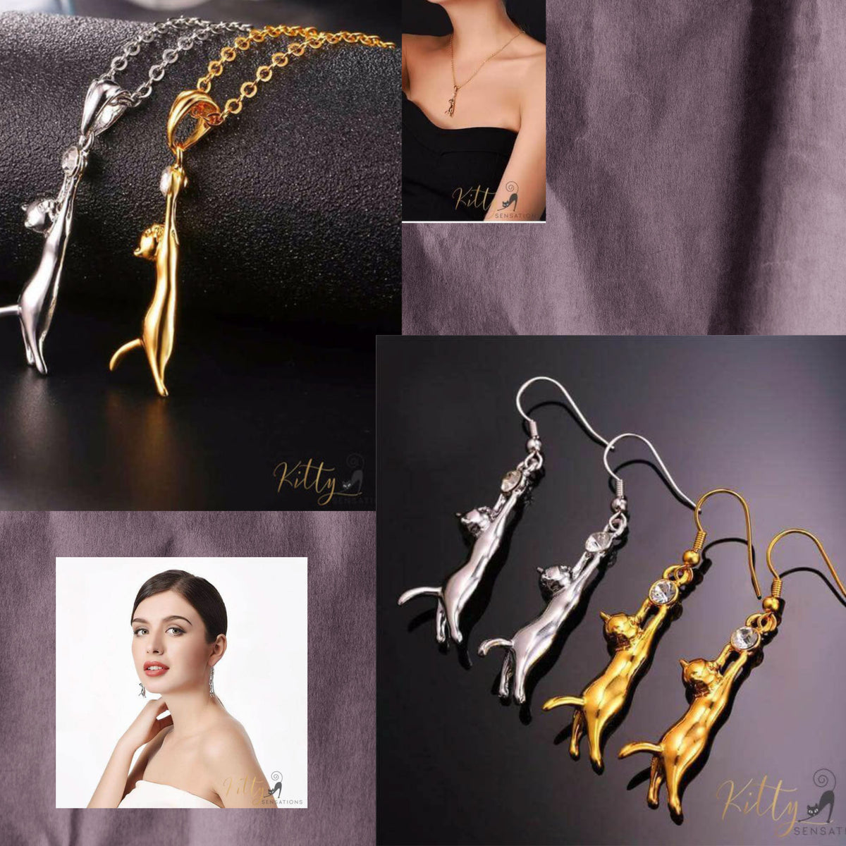 Hanging Cat Set (18K Gold or 925 Sterling Silver Plated)