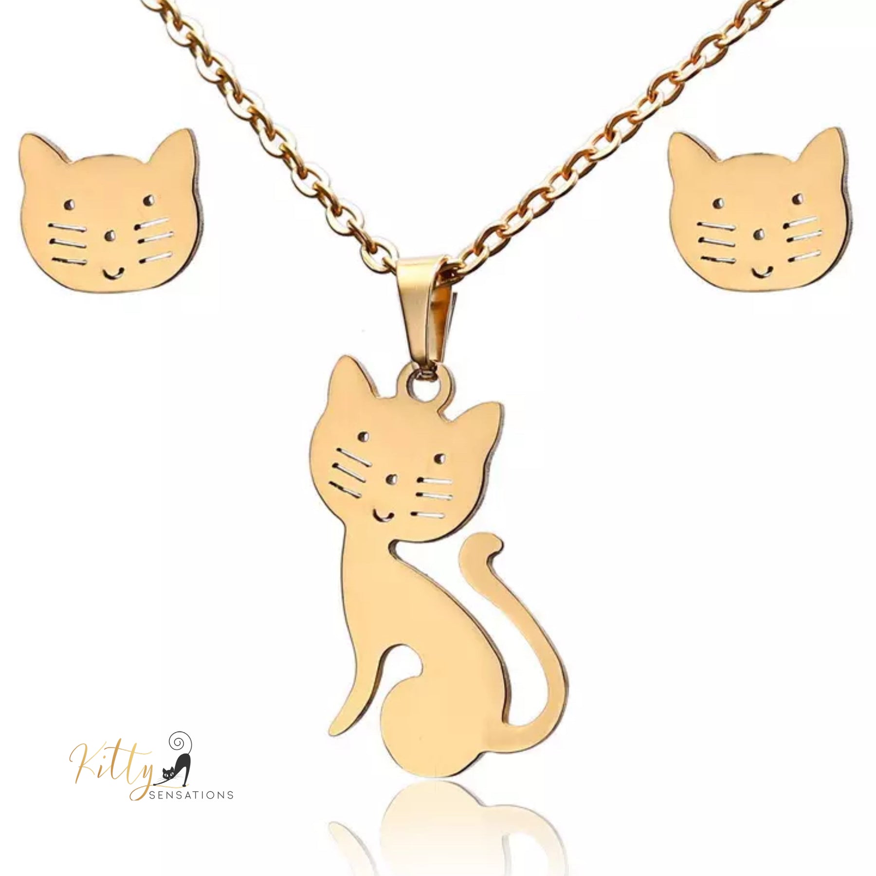 Happy Cat Gold Jewelry Set (Gold Plated) ($19.95): https://www.kittysensations.com/products/happy-cat-gold-plated-set