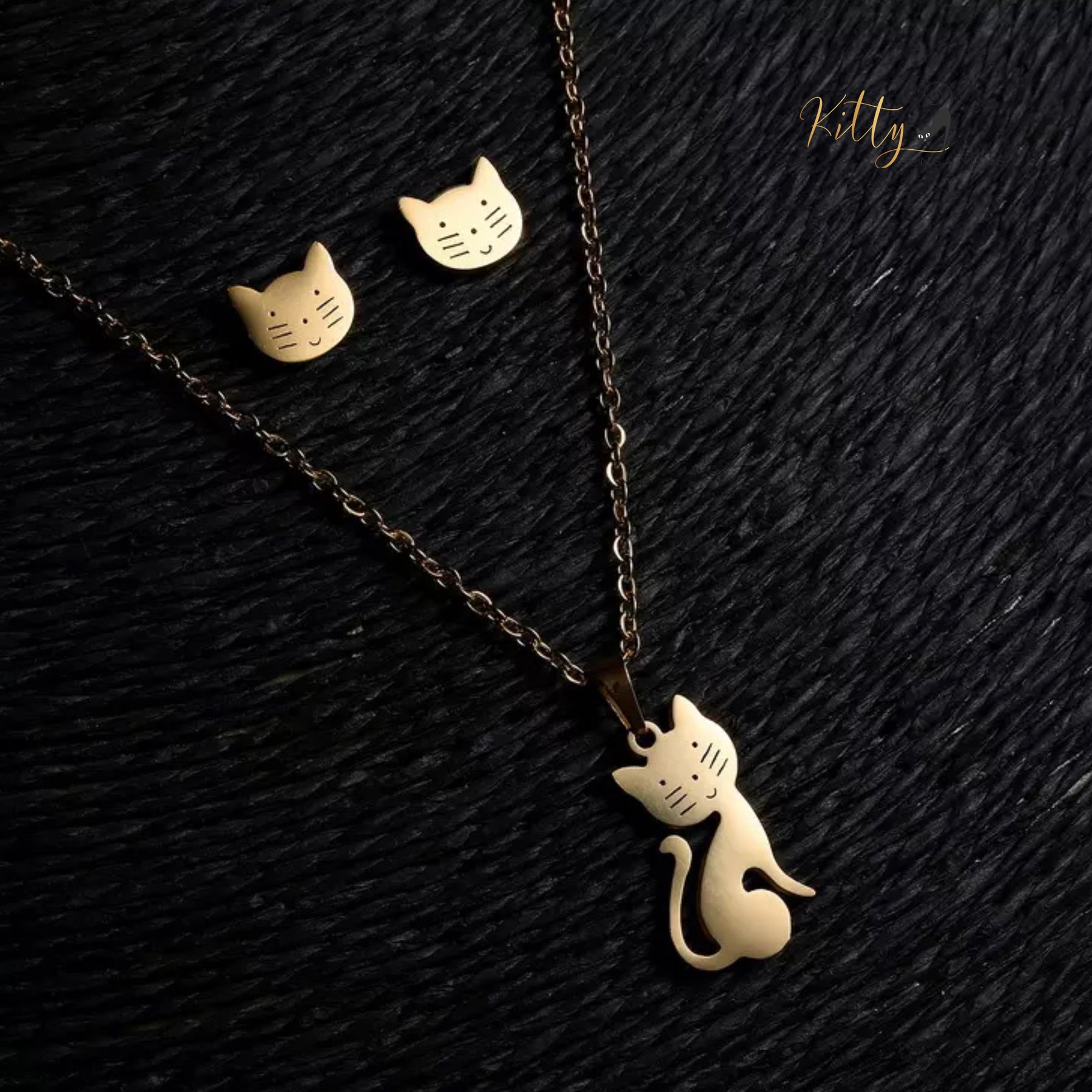 Happy Cat Gold Jewelry Set (Gold Plated) ($19.95): https://www.kittysensations.com/products/happy-cat-gold-plated-set