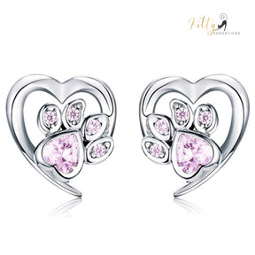 Heart Paw Cat Earrings in Solid 925 Sterling Silver (Platinum Plated)