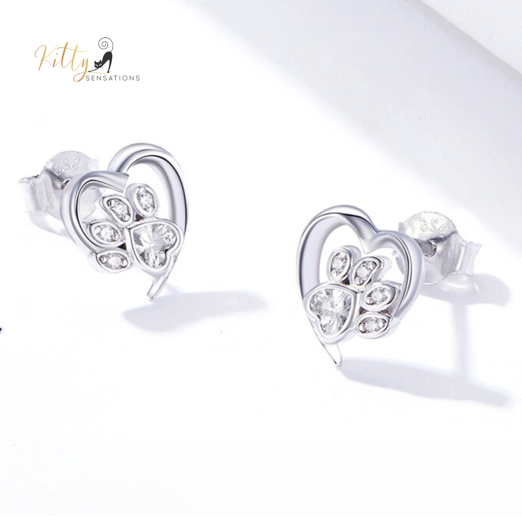 Heart Paw Cat Earrings in Solid 925 Sterling Silver (Platinum Plated)