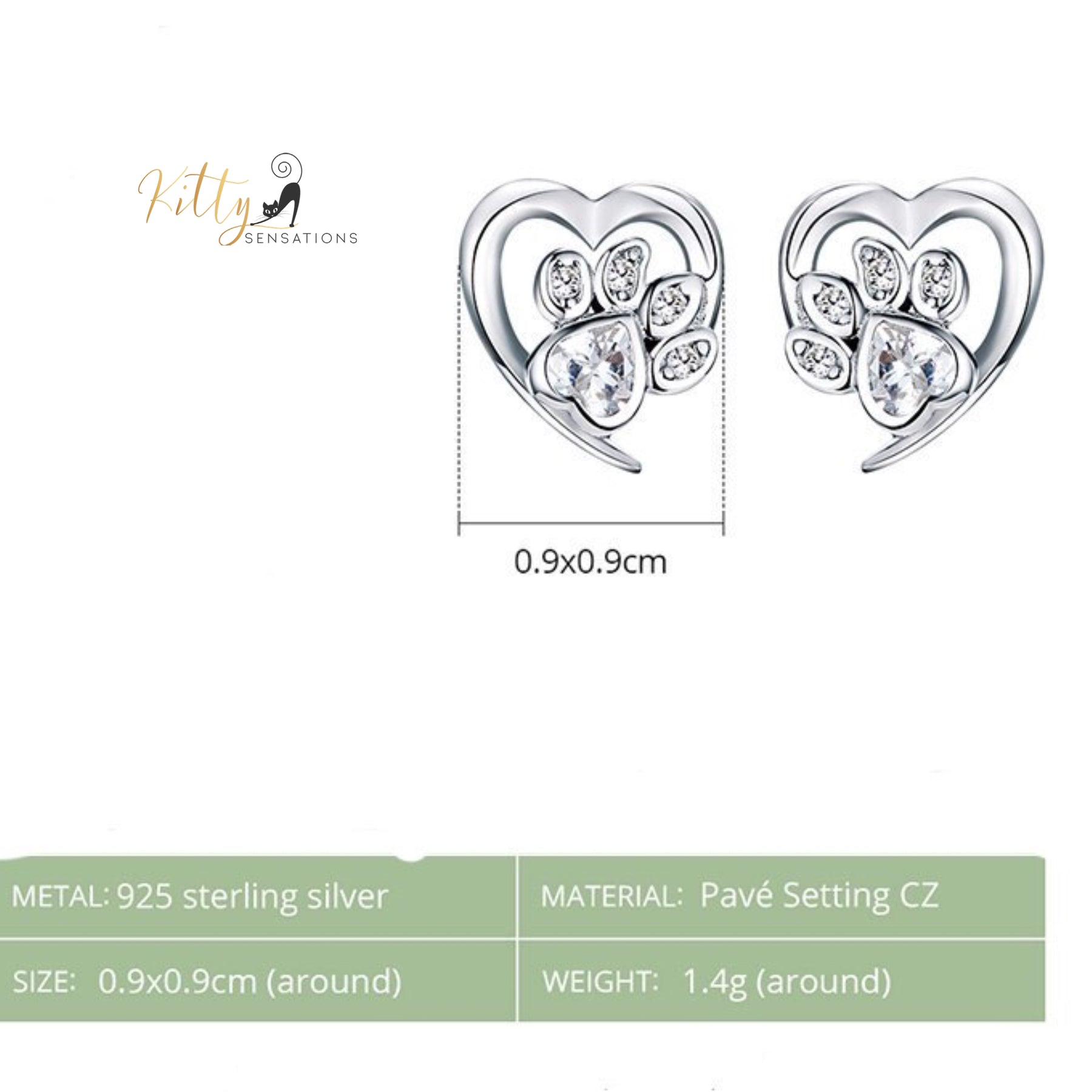 Heart Paw Cat Earrings in Solid 925 Sterling Silver (Platinum Plated)