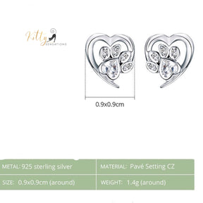 Heart Paw Cat Earrings in Solid 925 Sterling Silver (Platinum Plated)