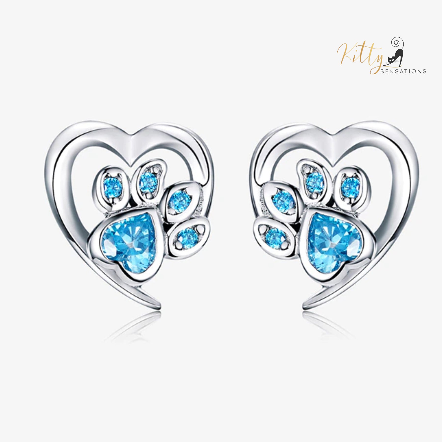 Heart Paw Cat Earrings in Solid 925 Sterling Silver (Platinum Plated)