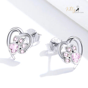 Heart Paw Cat Earrings in Solid 925 Sterling Silver (Platinum Plated)