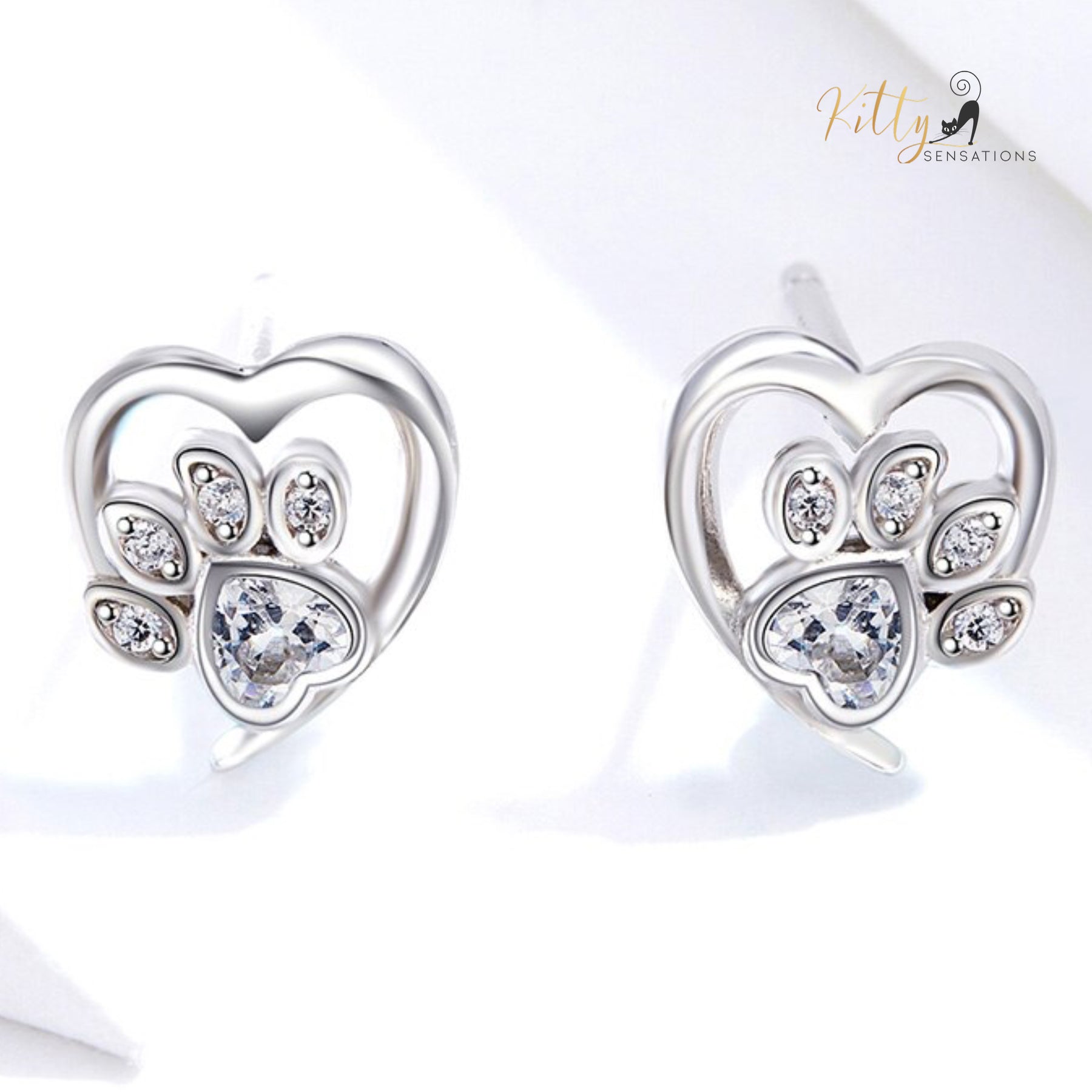 Heart Paw Cat Earrings in Solid 925 Sterling Silver (Platinum Plated)