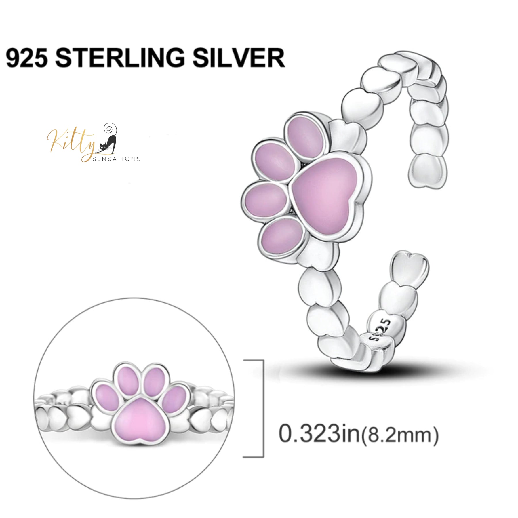 www.KittySensations.com: Heart Band Enameled Kitty Paw Ring in Solid 925 Sterling Silver - Adjustable Size ($24.80): https://www.kittysensations.com/products/heart-band-enameled-kitty-paw-ring-in-solid-925-sterling-silver-adjustable-size