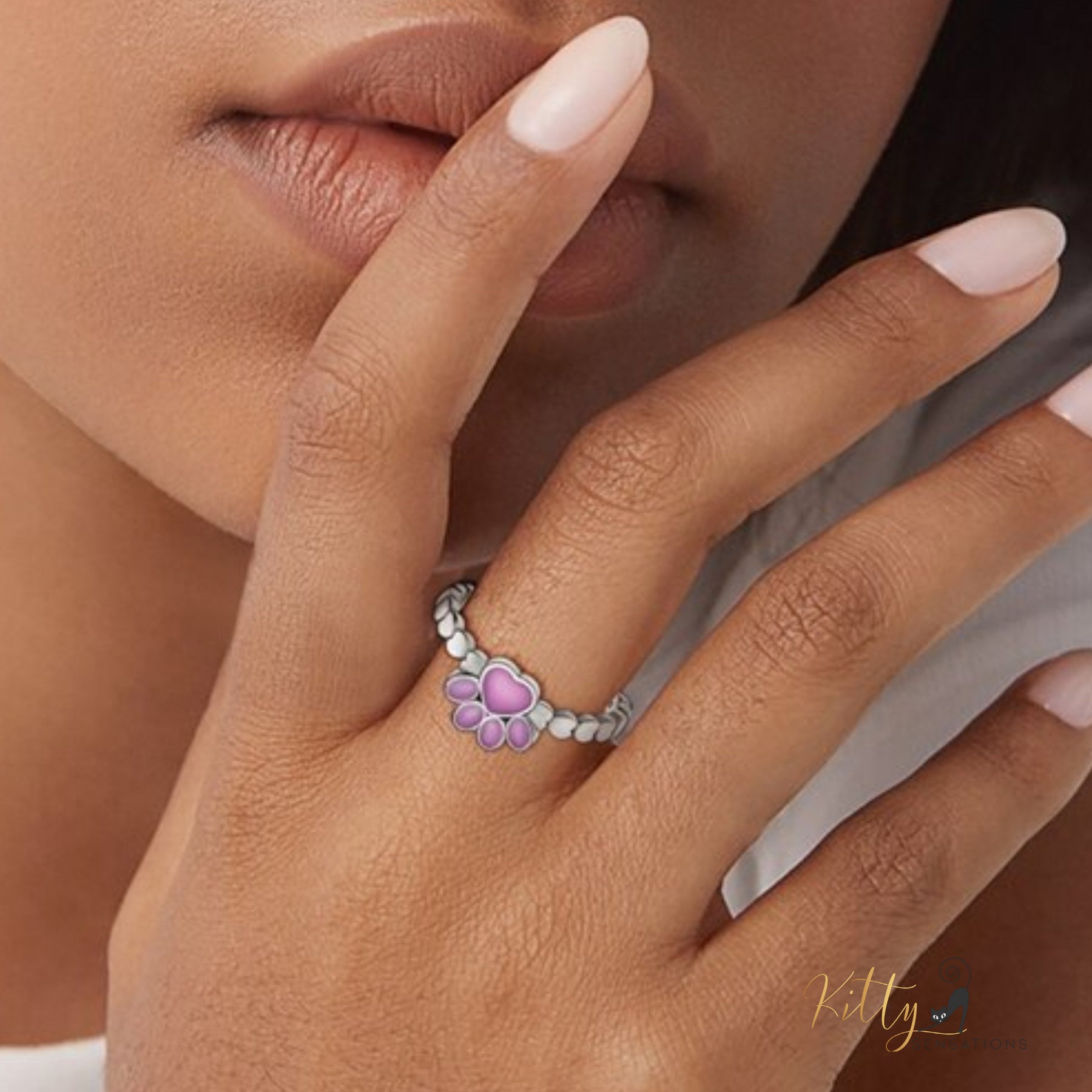 www.KittySensations.com: Heart Band Enameled Kitty Paw Ring in Solid 925 Sterling Silver - Adjustable Size ($24.80): https://www.kittysensations.com/products/heart-band-enameled-kitty-paw-ring-in-solid-925-sterling-silver-adjustable-size