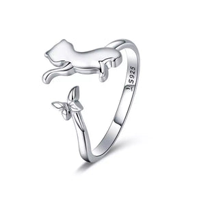 Cat-Playing-with-Butterfly Ring in Solid 925 Sterling Silver