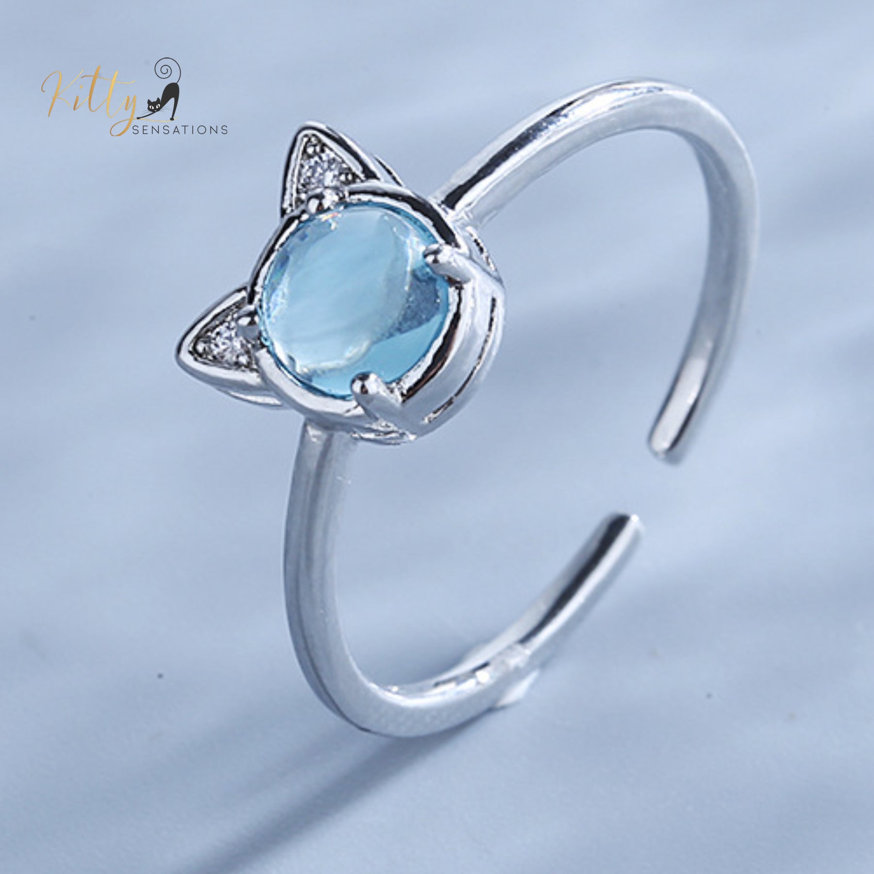 Glacier Crystal Cat Ring - Silver Plated- Adjustable