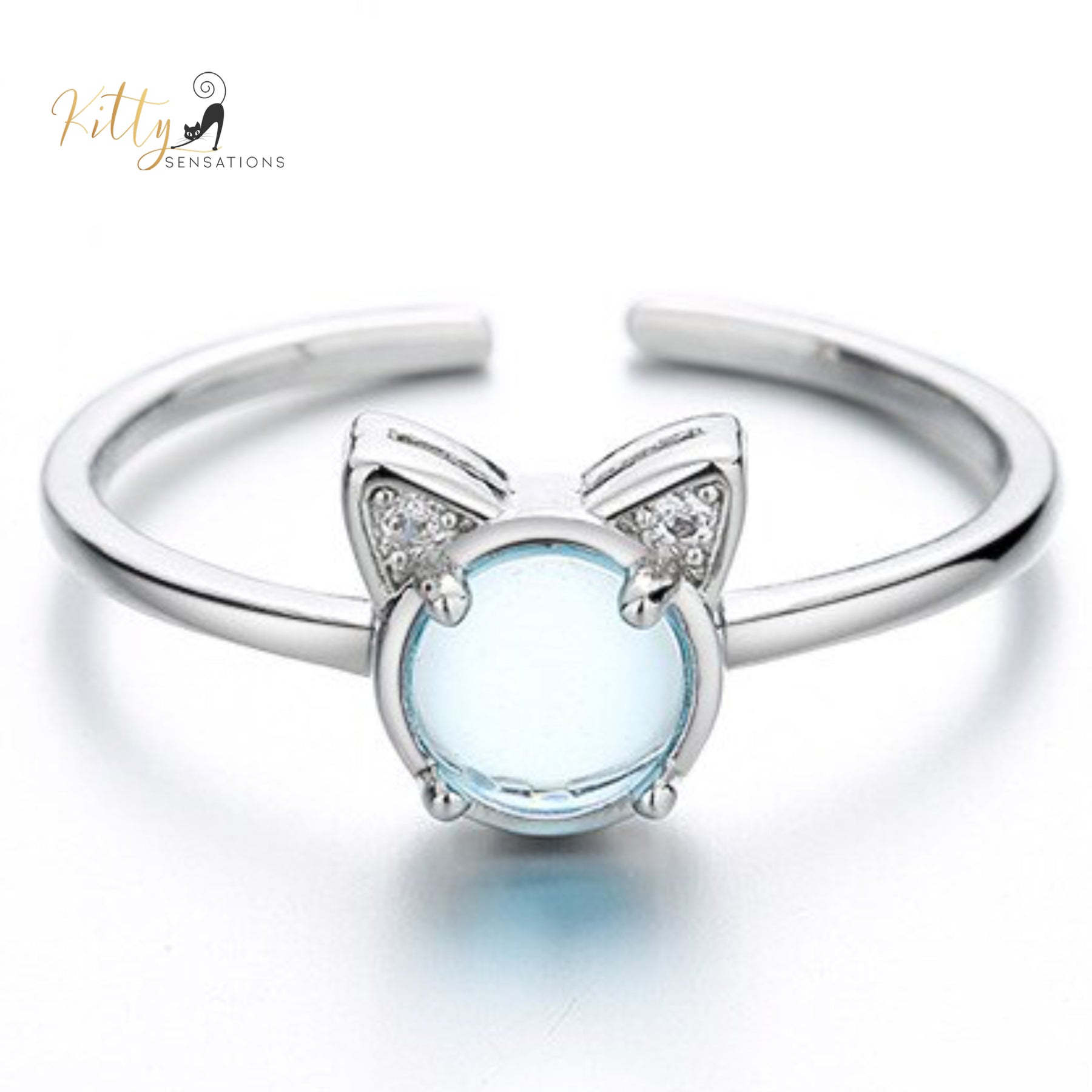 Glacier Crystal Cat Ring - Silver Plated- Adjustable