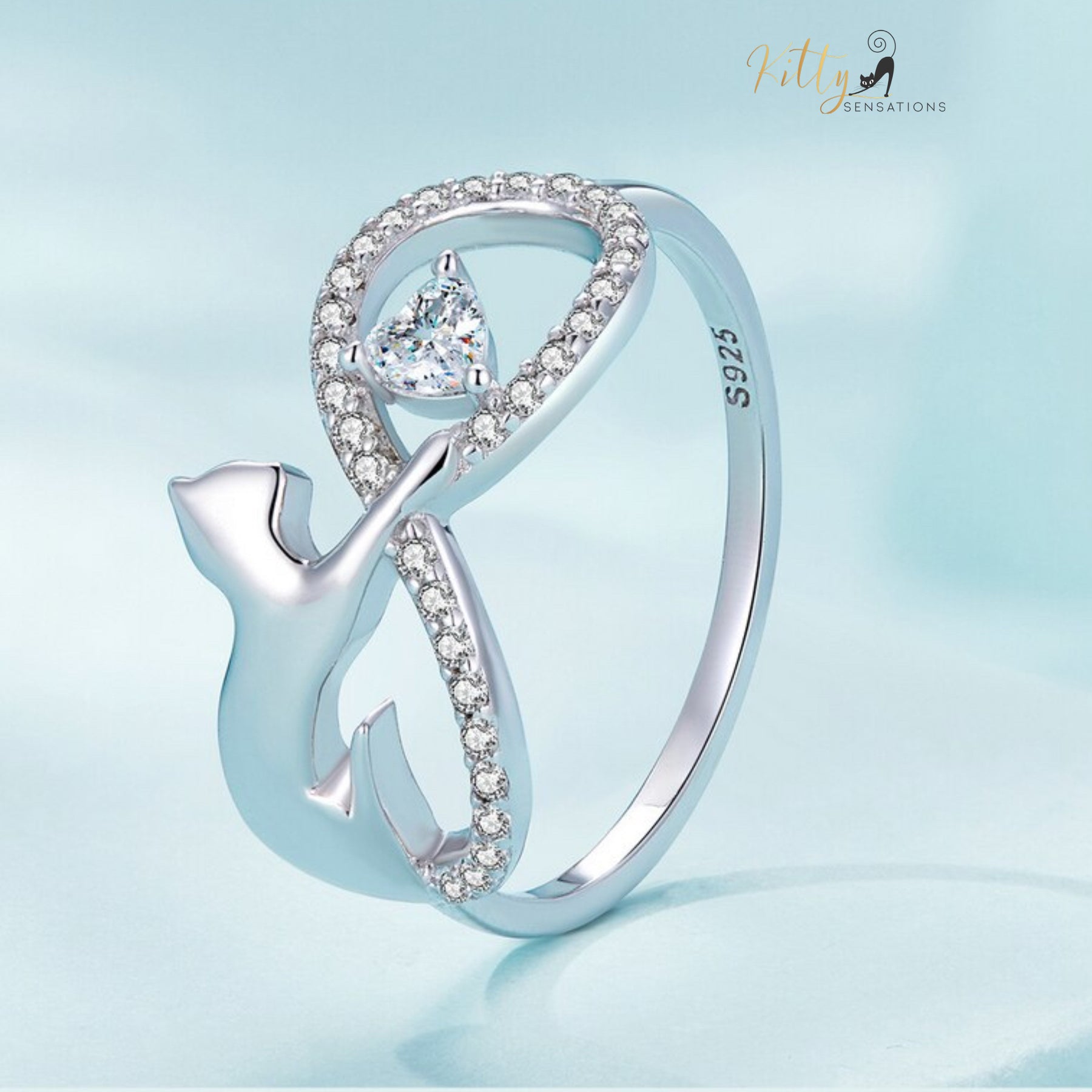www.KittySensations.com:  Infinite Love CZ Cat Ring in Solid 925 Sterling Silver - Platinum Plated ($51.20): https://www.kittysensations.com/products/infinite-love-cz-cat-ring-in-solid-925-sterling-silver