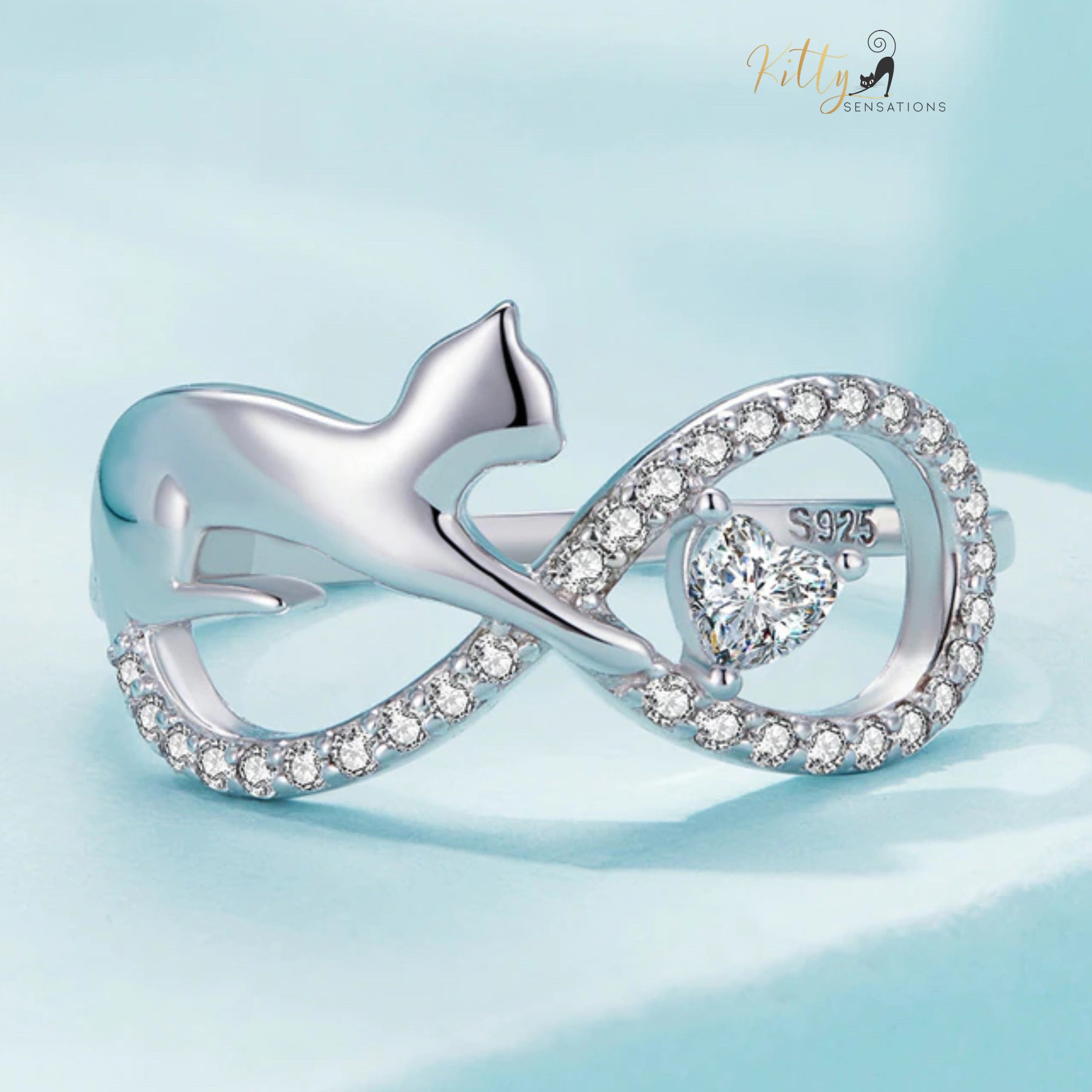 www.KittySensations.com:  Infinite Love CZ Cat Ring in Solid 925 Sterling Silver - Platinum Plated ($51.20): https://www.kittysensations.com/products/infinite-love-cz-cat-ring-in-solid-925-sterling-silver