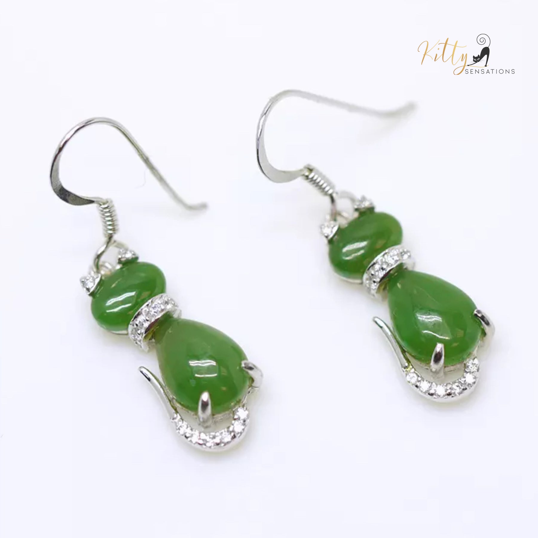 Jade Cat Earrings in Solid 925 Sterling Silver (Natural Jade, Fine Jewelry)