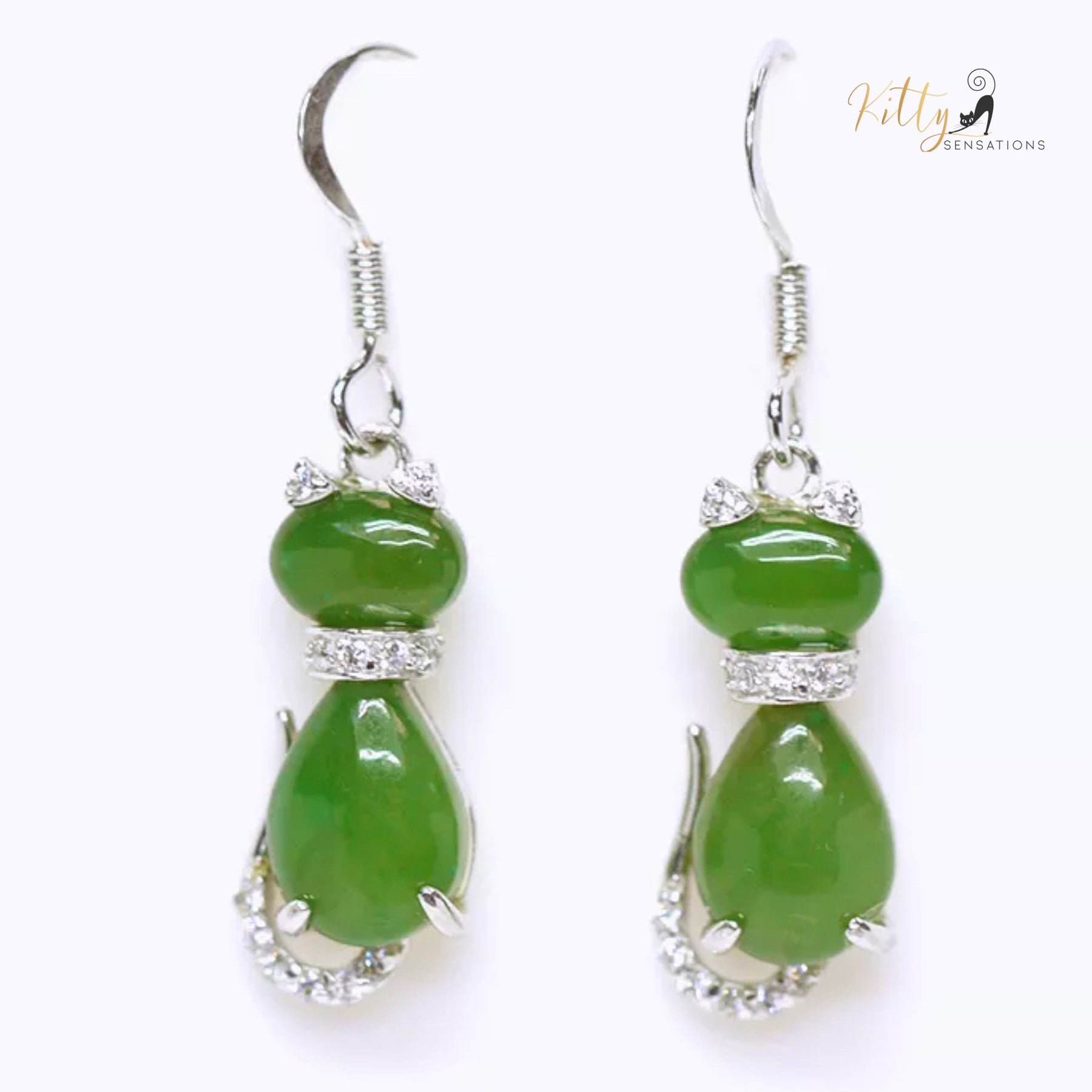 Jade Cat Earrings in Solid 925 Sterling Silver (Natural Jade, Fine Jewelry)