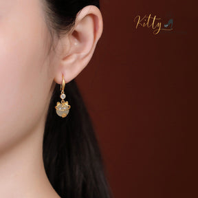 Natural Jade Cat Drop/Hook Earrings in Solid 925 Sterling Silver (Gold Plated)