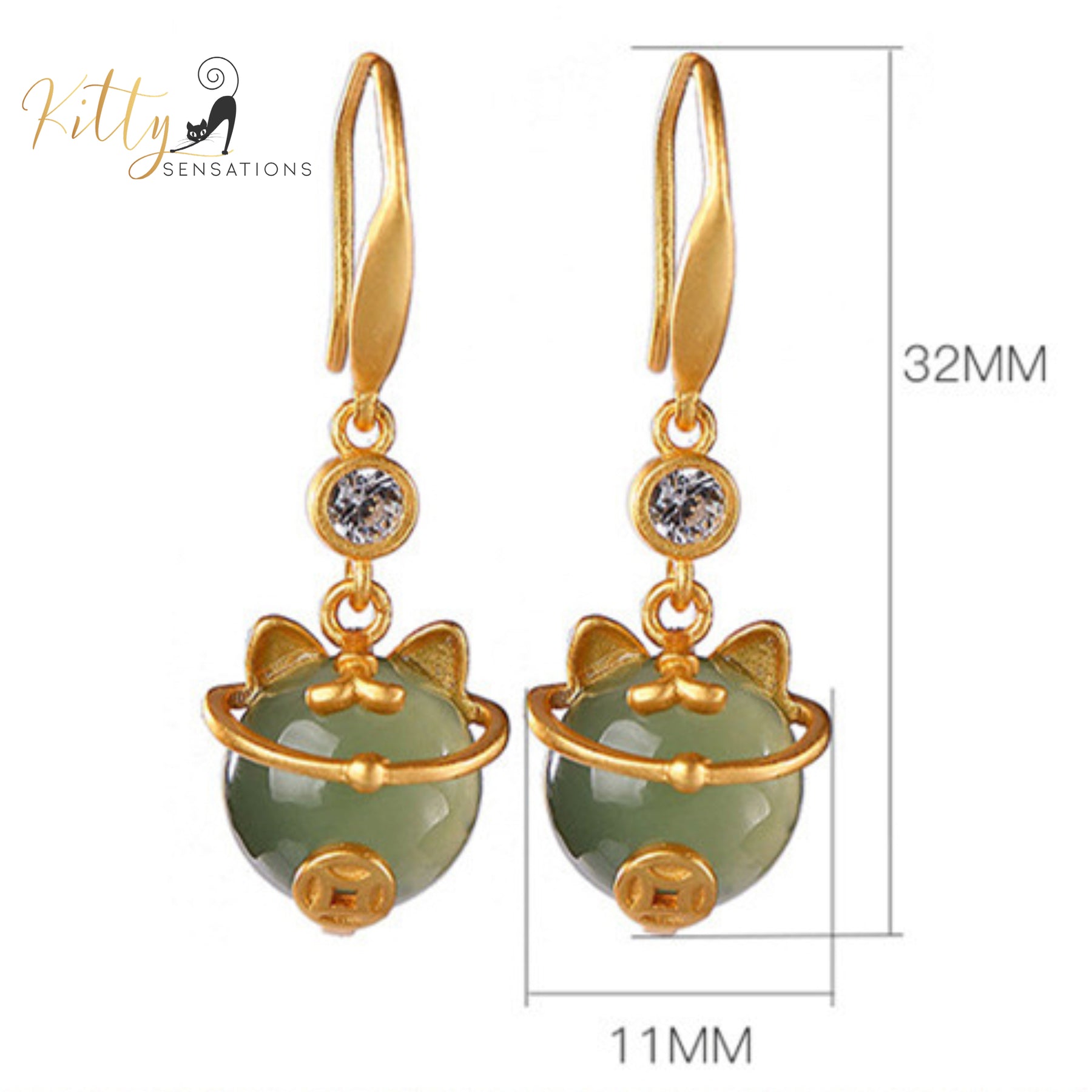 Natural Jade Cat Drop/Hook Earrings in Solid 925 Sterling Silver (Gold Plated)