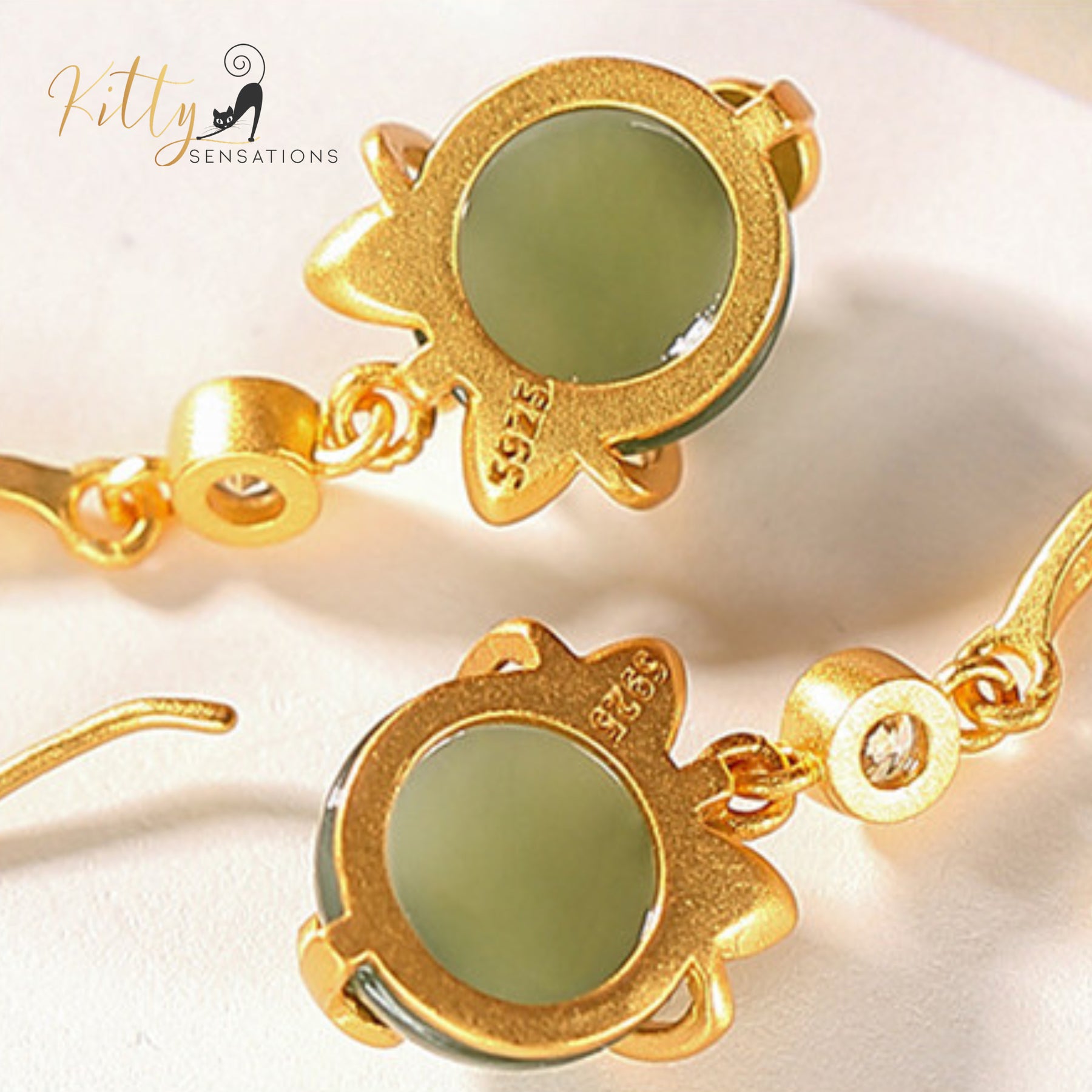 Natural Jade Cat Drop/Hook Earrings in Solid 925 Sterling Silver (Gold Plated)