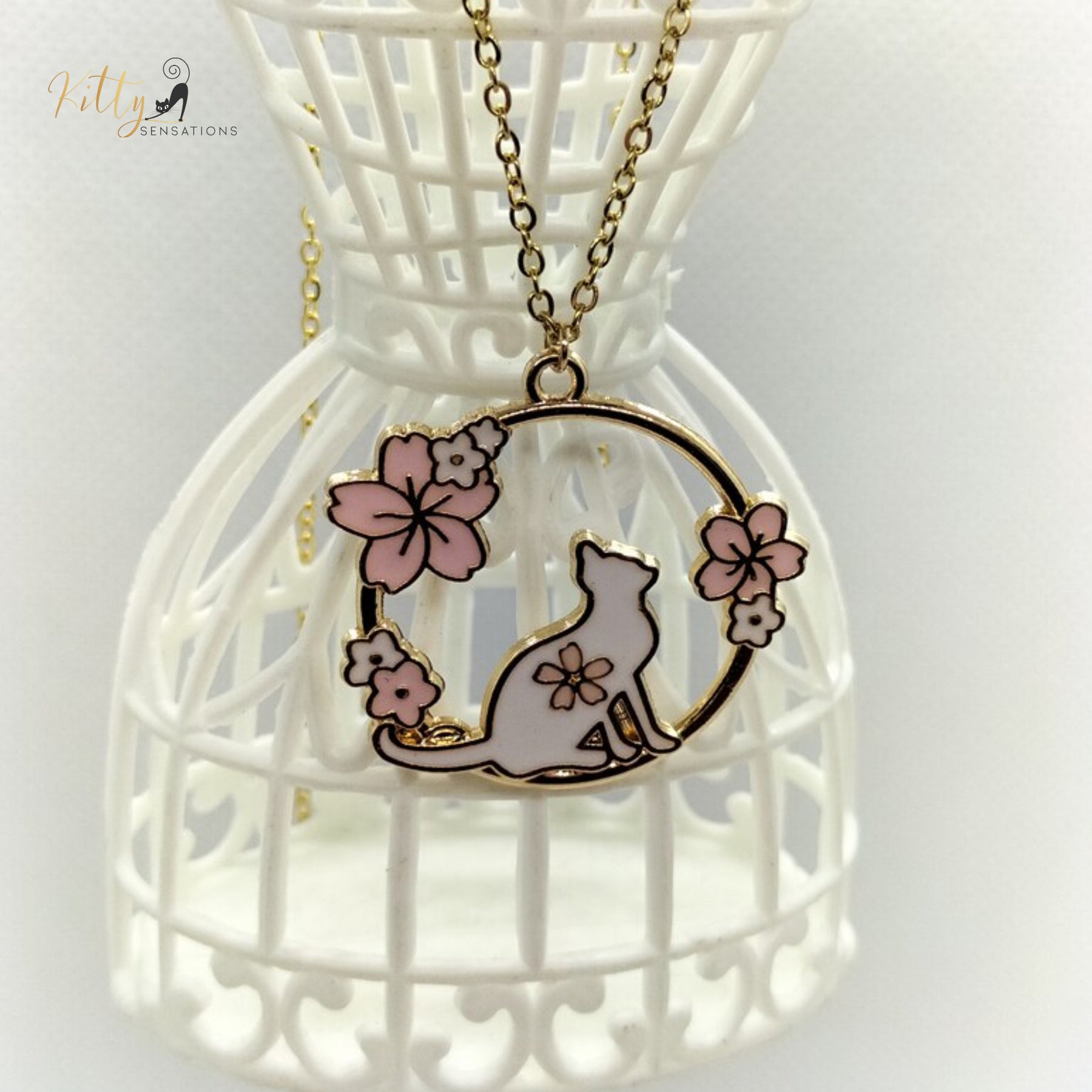 Jasmines and Orchids Cat Necklace - Enameled - Adjustable Length