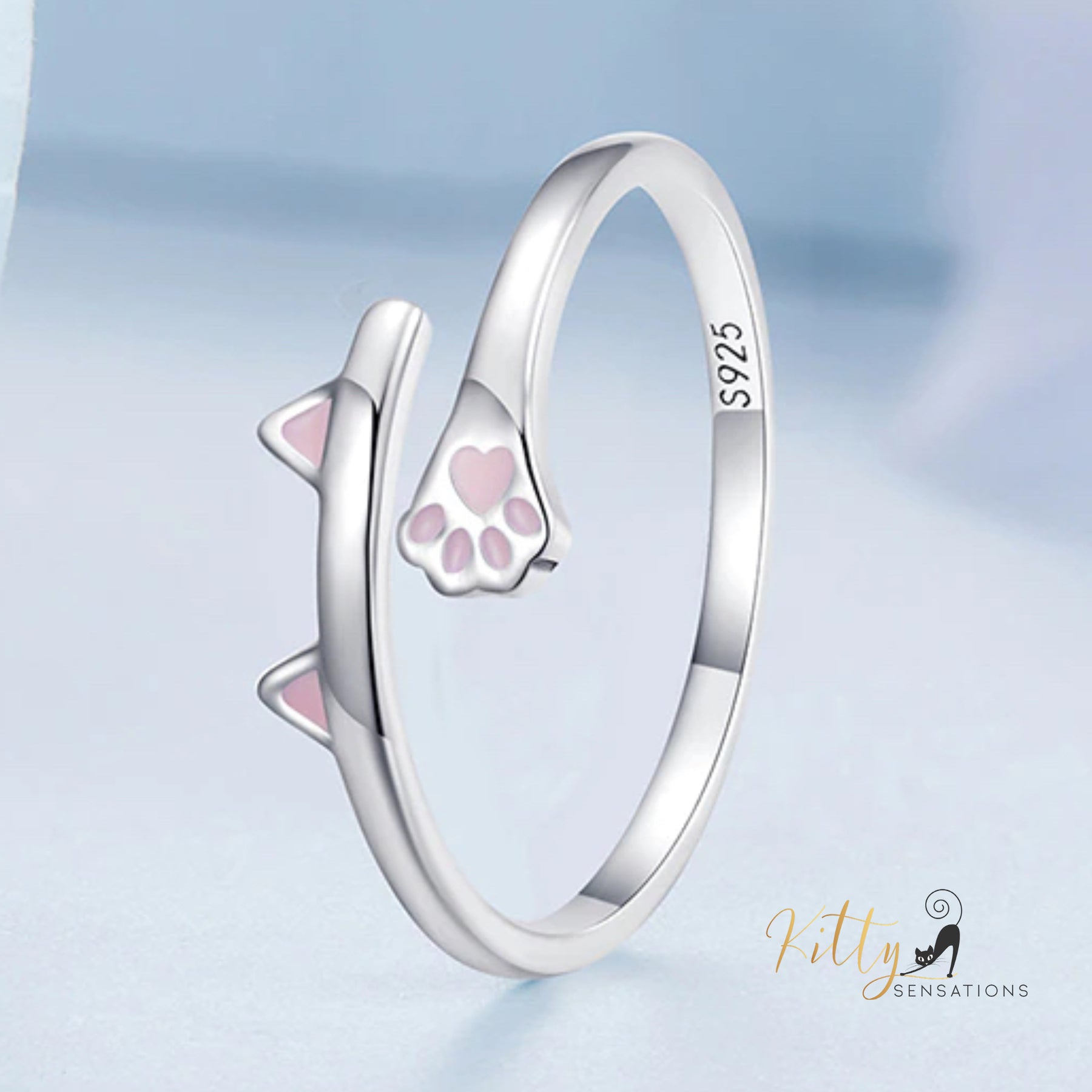 www.KittySensations.com: Kitty Ears and Paw Ring with Pink Enamel in Solid 925 Sterling Silver - Adjustable Size ($36.81): https://www.kittysensations.com/products/kitty-ears-and-paws-ring-with-pink-enamel-in-solid-925-sterling-silver