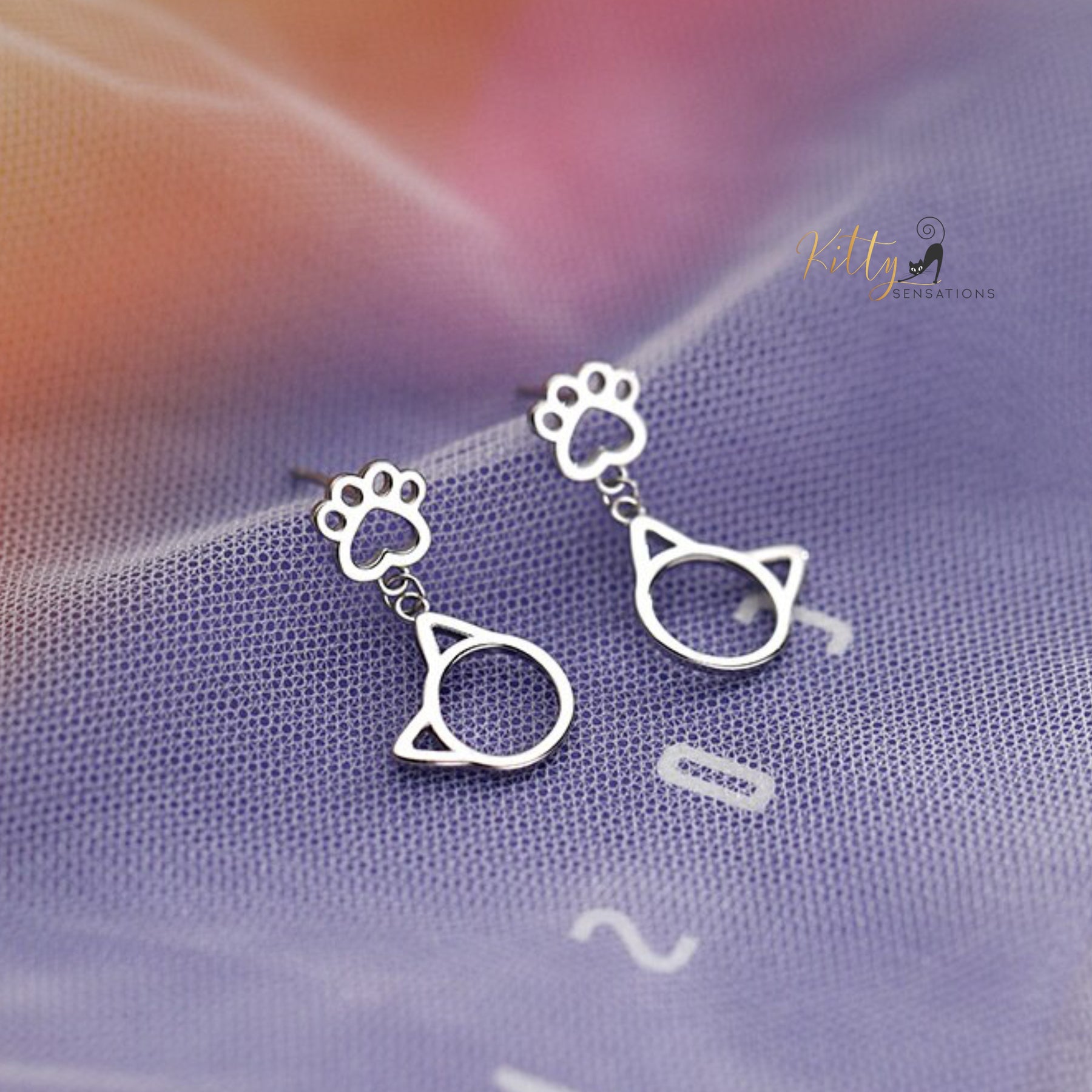 Kitty Face Kitty Paw Drop Earrings in Solid 925 Sterling Silver