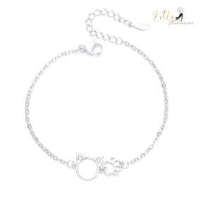 Kitty Face and Paw Bracelet in Solid 925 Sterling Silver - Adjustable