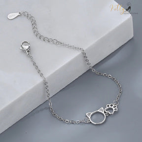 Kitty Face and Paw Bracelet in Solid 925 Sterling Silver - Adjustable