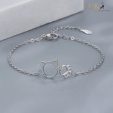 Kitty Face and Paw Bracelet in Solid 925 Sterling Silver - Adjustable