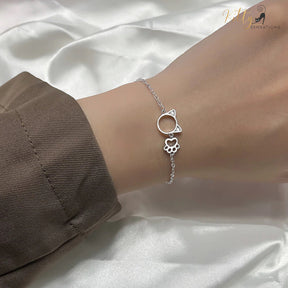 Kitty Face and Paw Bracelet in Solid 925 Sterling Silver - Adjustable