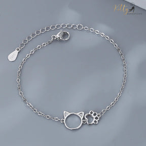 Kitty Face and Paw Bracelet in Solid 925 Sterling Silver - Adjustable