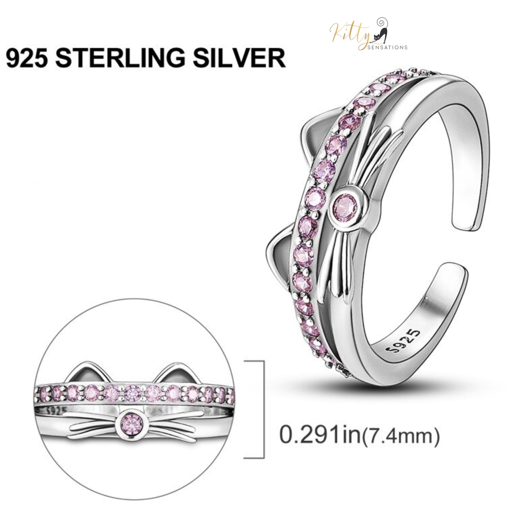 www.KittySensations.com: Kitty Face Ring with Pink Cubic Zirconia in Solid 925 Sterling Silver - Adjustable Size ($25.97): https://www.kittysensations.com/products/kitty-face-ring-with-pink-cubic-zirconia-in-solid-925-sterling-silver