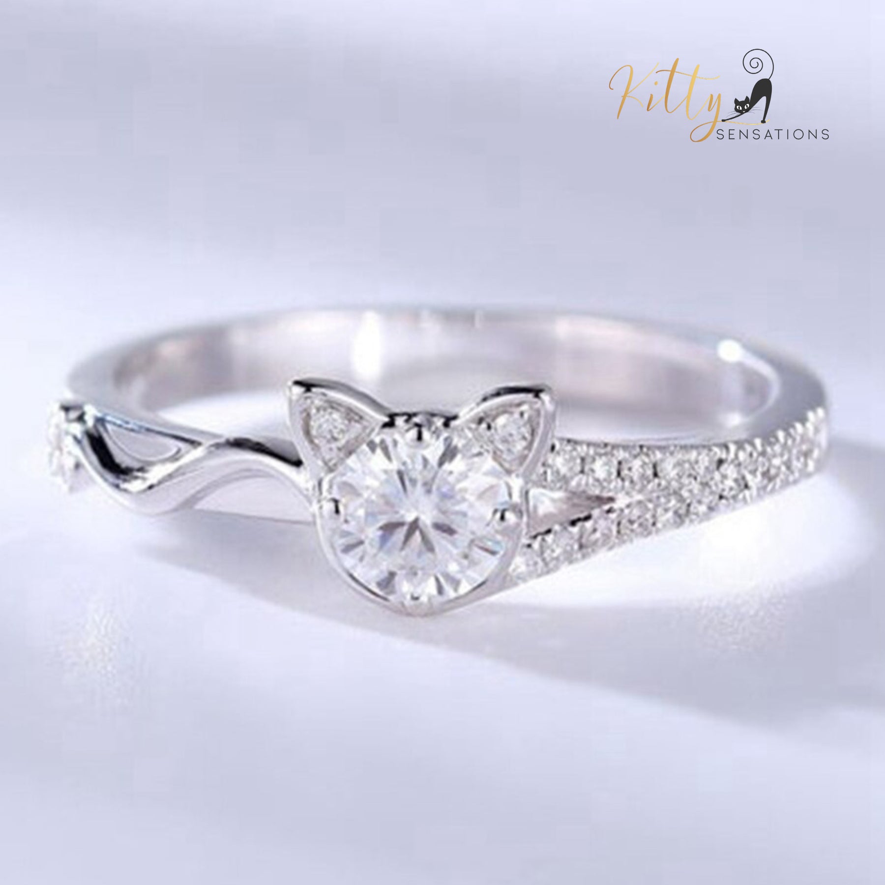 Kitty Face-Tail CZ Ring (Silver Plated)
