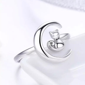 Moon Kitty Ring in Solid 925 Sterling Silver (Platinum Plated) - Adjustable Size