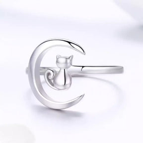 Moon Kitty Ring in Solid 925 Sterling Silver (Platinum Plated) - Adjustable Size